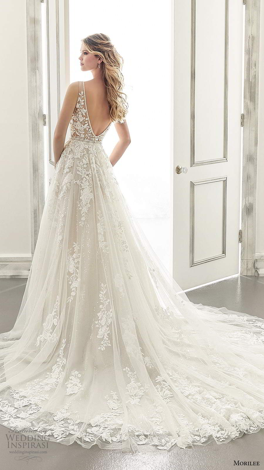 morilee spring 2021 bridal sleeveless illusion straps plunging v neckline fully embellished a line ball gown wedding dress chapel train (4) bv