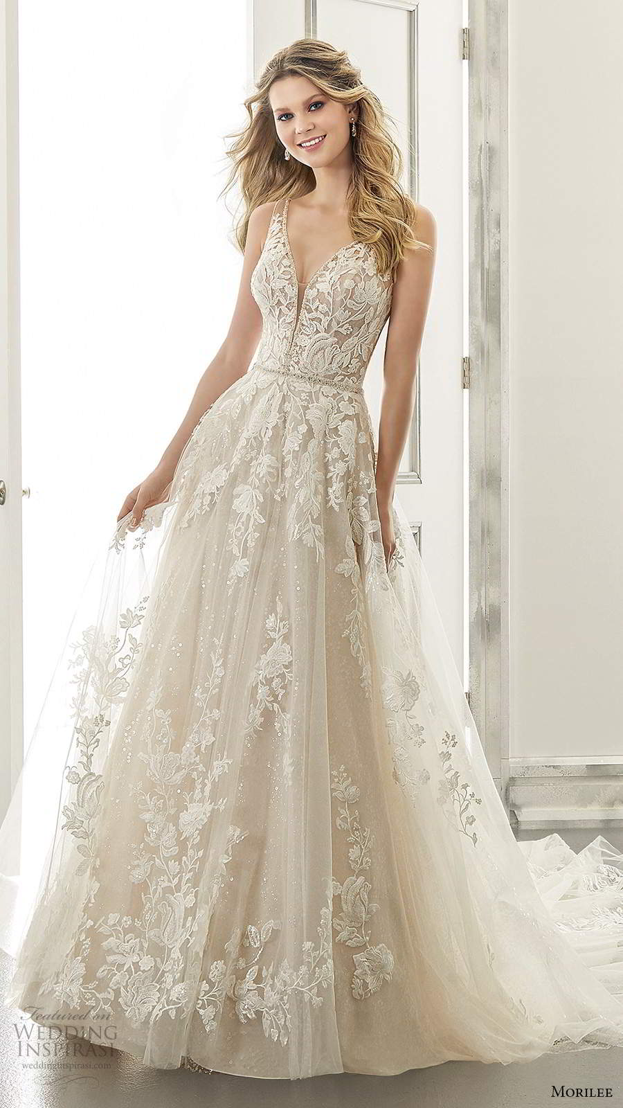 morilee spring 2021 bridal sleeveless illusion straps plunging v neckline fully embellished a line ball gown wedding dress chapel train (4) mv