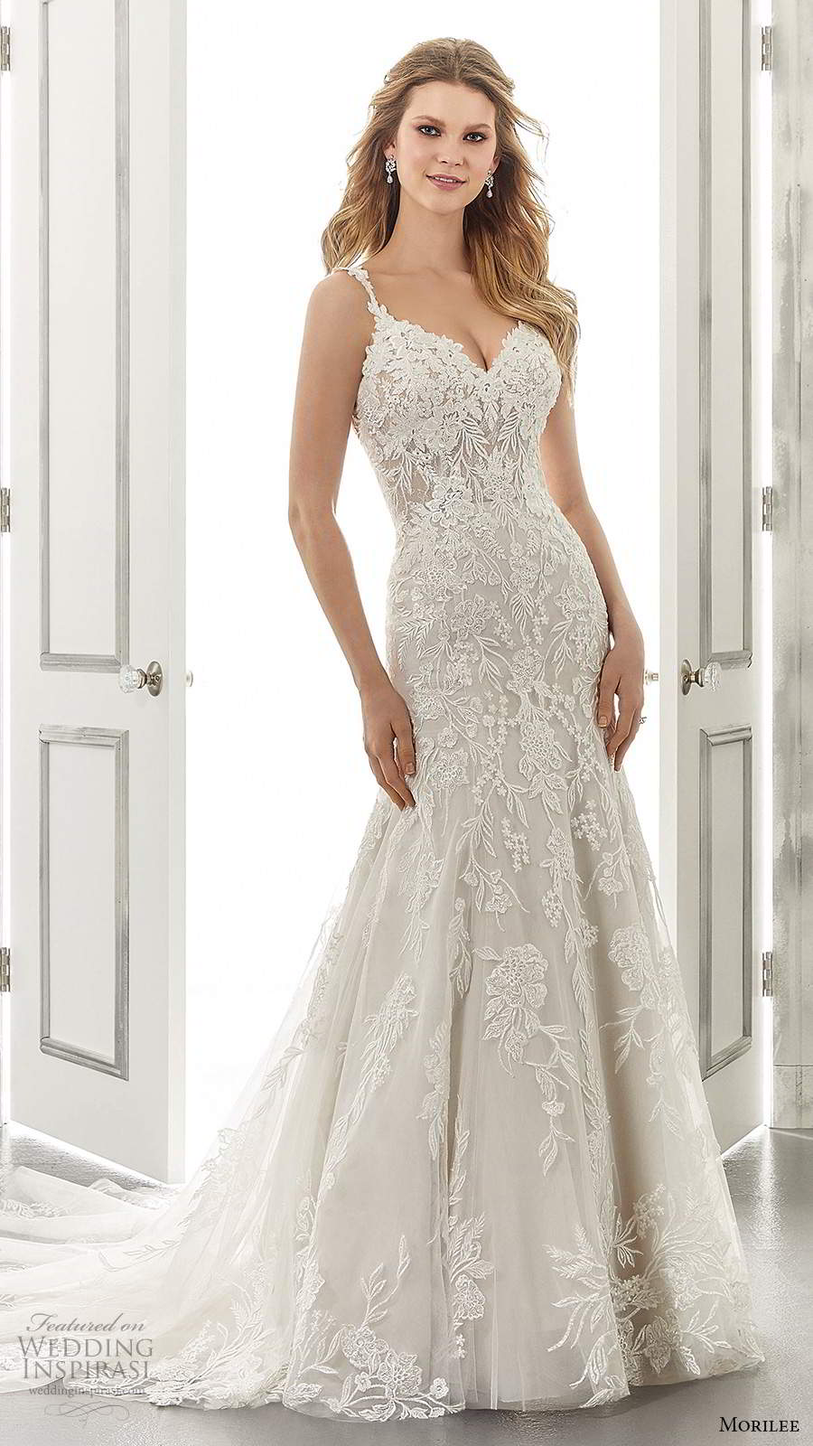 morilee spring 2021 bridal sleeveless straps sweetheart neckline embellished fit flare mermaid a line wedding dress chapel train (19) mv