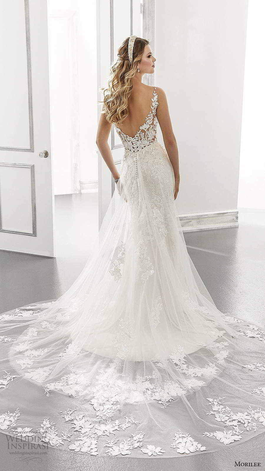 morilee spring 2021 bridal sleeveless straps v neckline fully embellished a line ball gown wedding dress cathedral train (7) bv