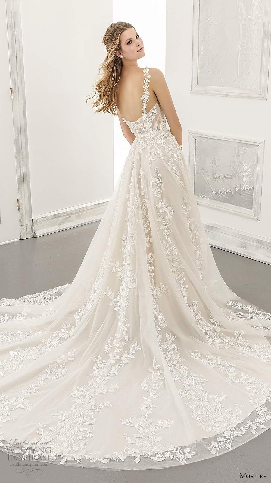 morilee spring 2021 bridal sleeveless straps v neckline fully embellished a line ball gown wedding dress chapel train (12) bv