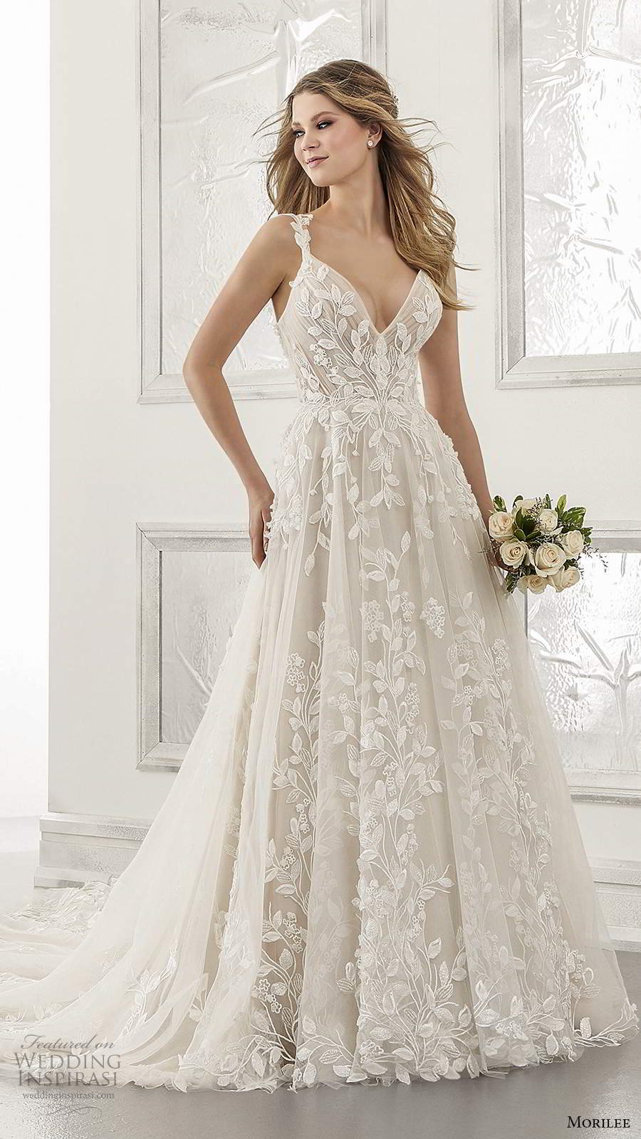 morilee spring 2021 bridal sleeveless straps v neckline fully embellished a line ball gown wedding dress chapel train (12) mv