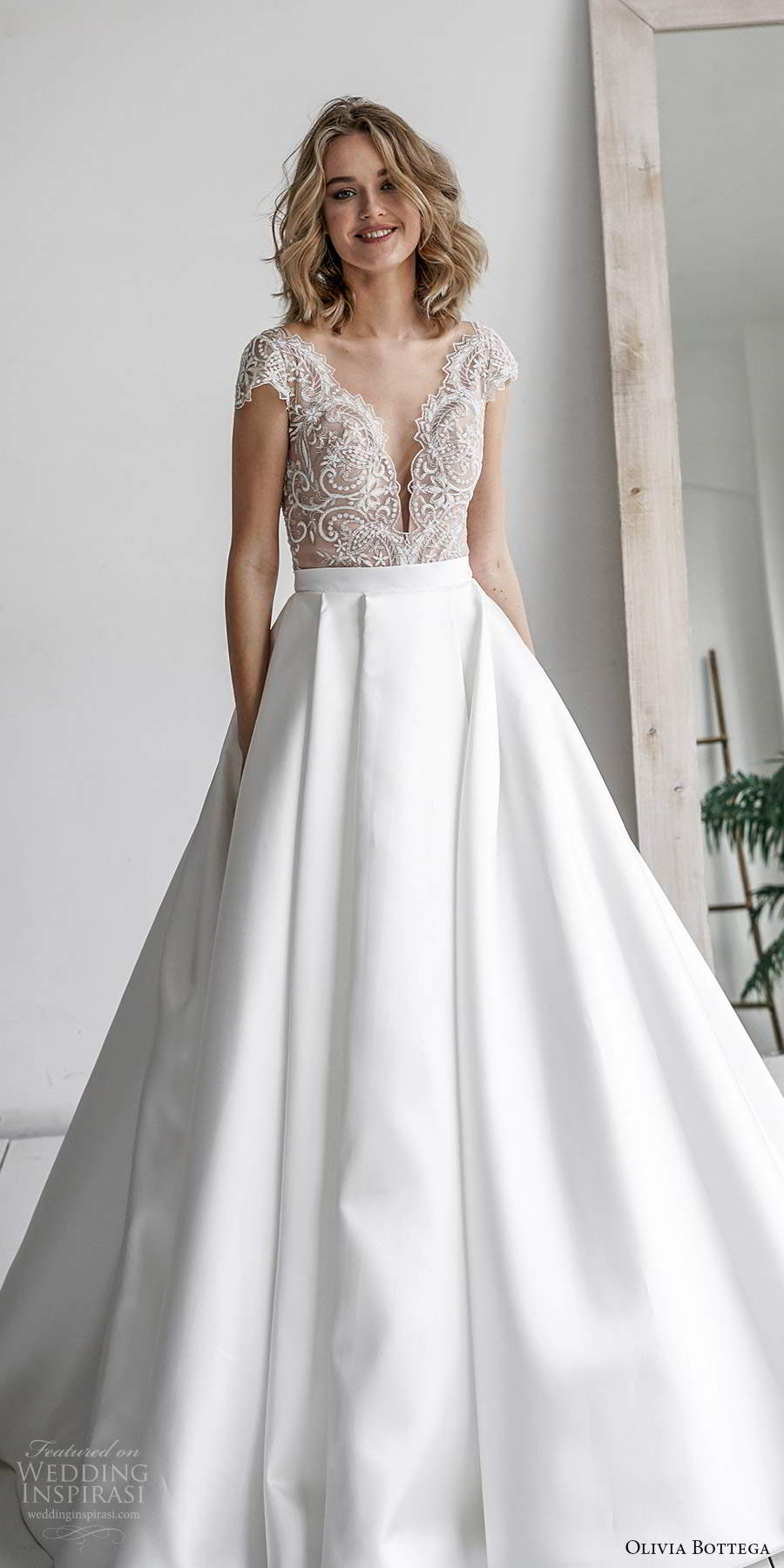 olivia bottega 2021 bridal cap sleeves plunging v neckline embellished lace bodice clean skirt a line ball gown wedding dress (15) mv