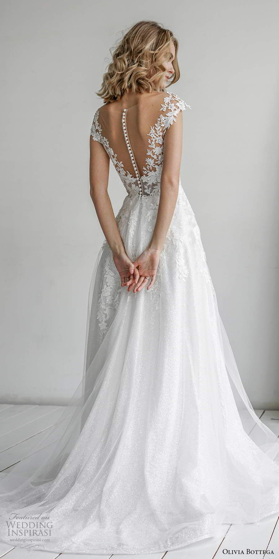 olivia bottega 2021 bridal lace cap sleeves plunging v neckline embellished a line ball gown wedding dress sheer back chapel train (16) bv