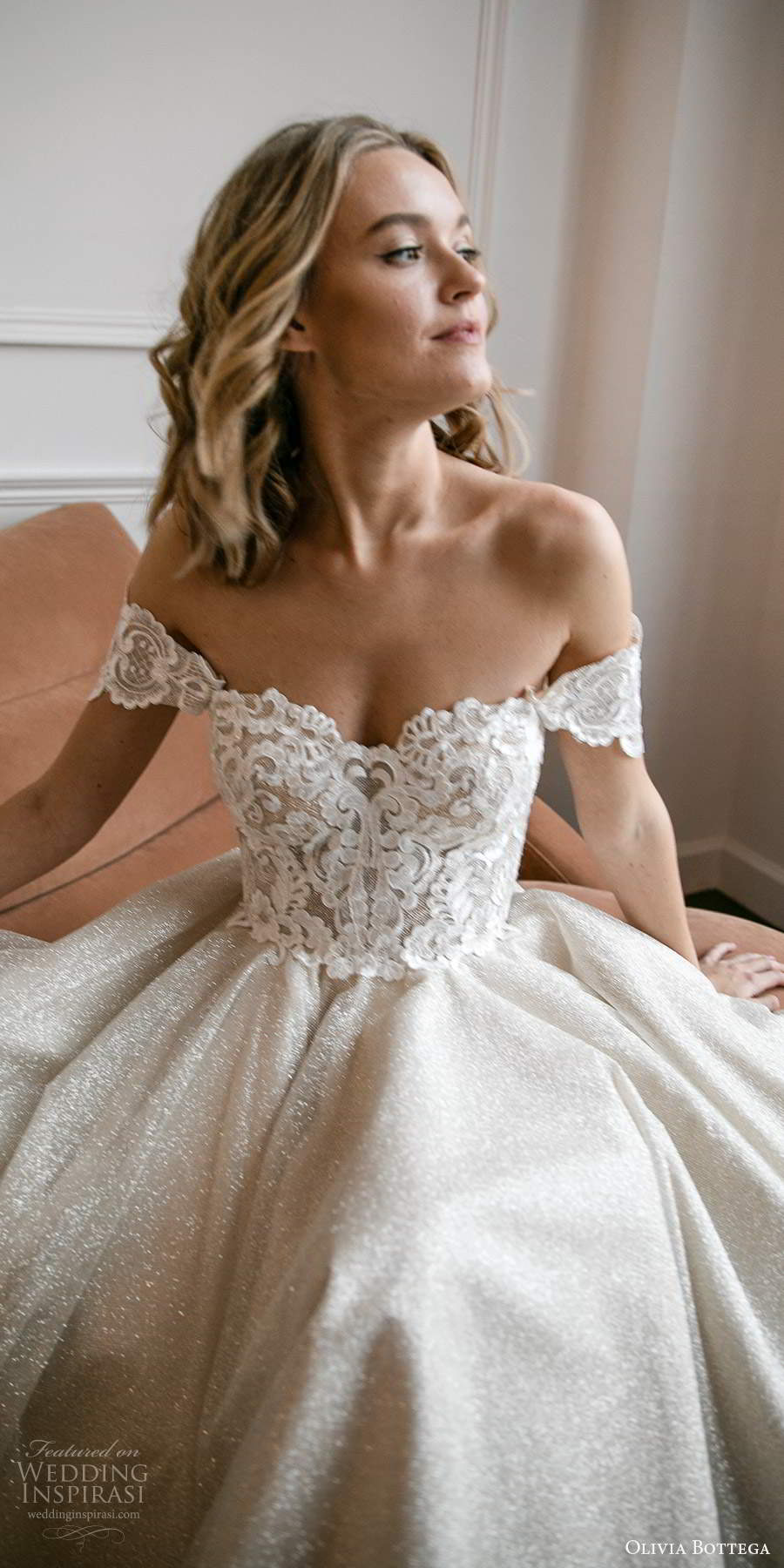 olivia bottega 2021 bridal off shoulder straps sweetheart neckline embellished lace bodice a line ball gown knee length wedding dress (22) zv