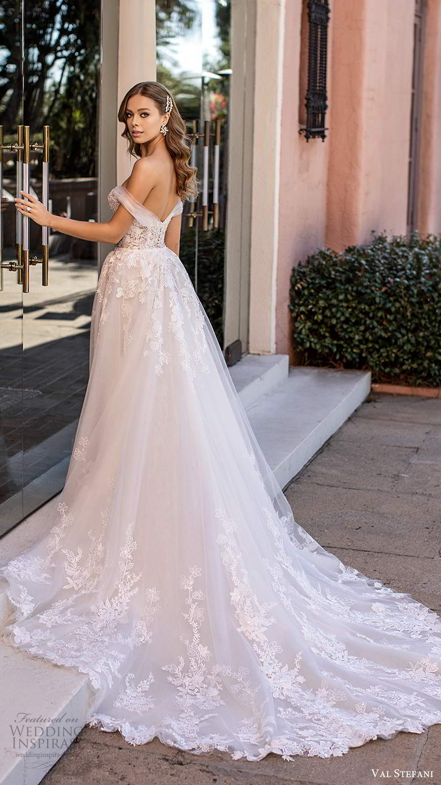 val stefani fall 2020 bridal off shoulder straps plunging sweetheart neckline fully embellished lace sheath wedding dress ball gown overskirt chapel train (10) bv