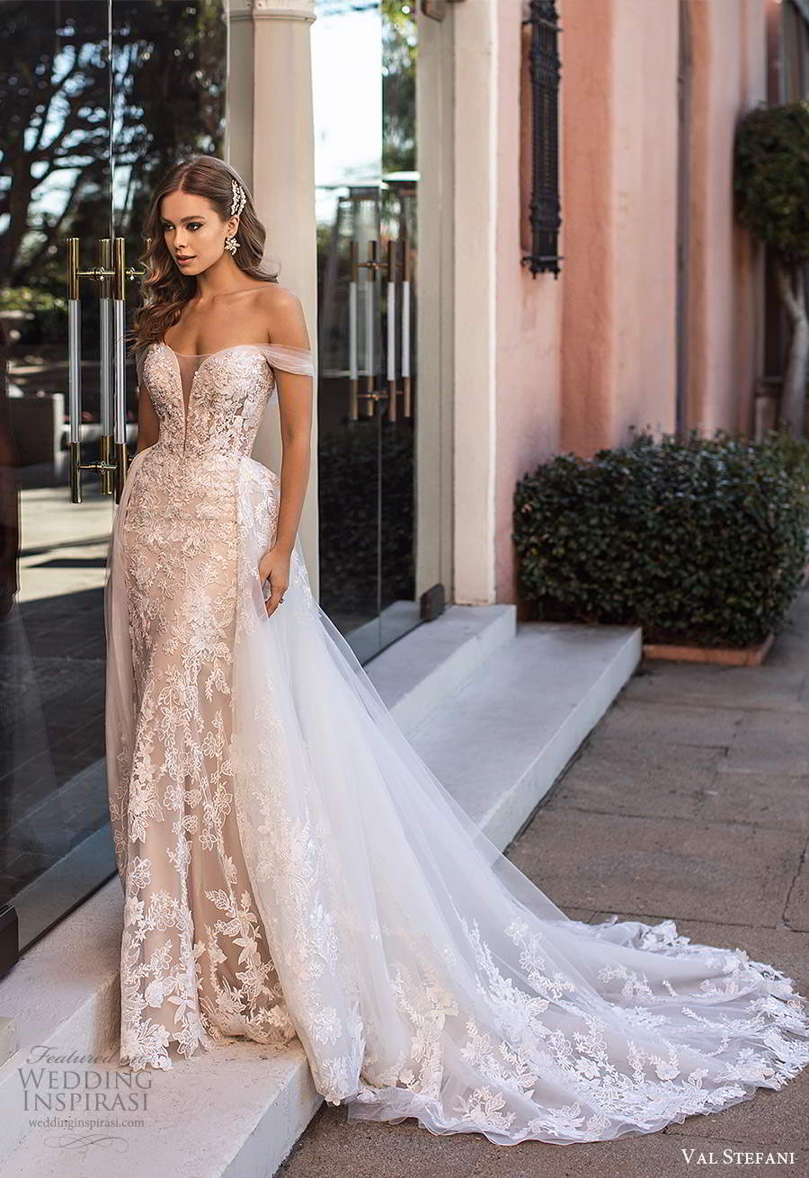 val stefani fall 2020 bridal off shoulder straps plunging sweetheart neckline fully embellished lace sheath wedding dress ball gown overskirt chapel train (10) mv