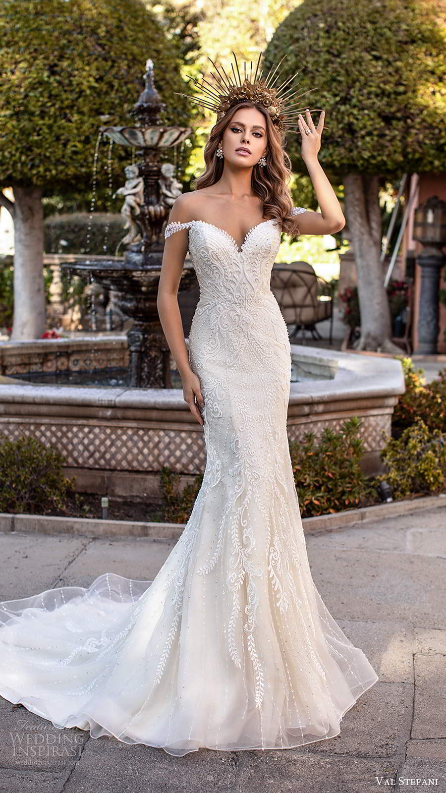 val stefani fall 2020 bridal off shoulder straps sweetheart neckline fully embellished fit flare mermaid wedding dress chapel train (1) mv