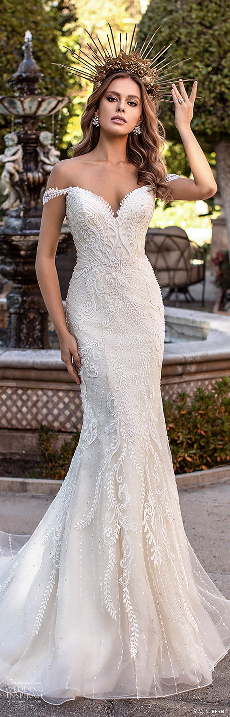 val stefani fall 2020 bridal off shoulder straps sweetheart neckline fully embellished fit flare mermaid wedding dress chapel train (1) zv