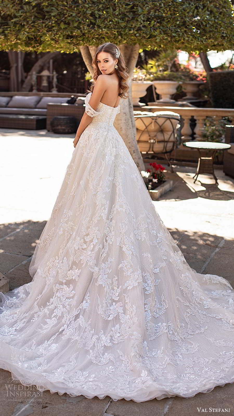 val stefani fall 2020 bridal off shoulder straps sweetheart neckline fully embellished lace a line ball gown wedding dress chapel train (9) bv