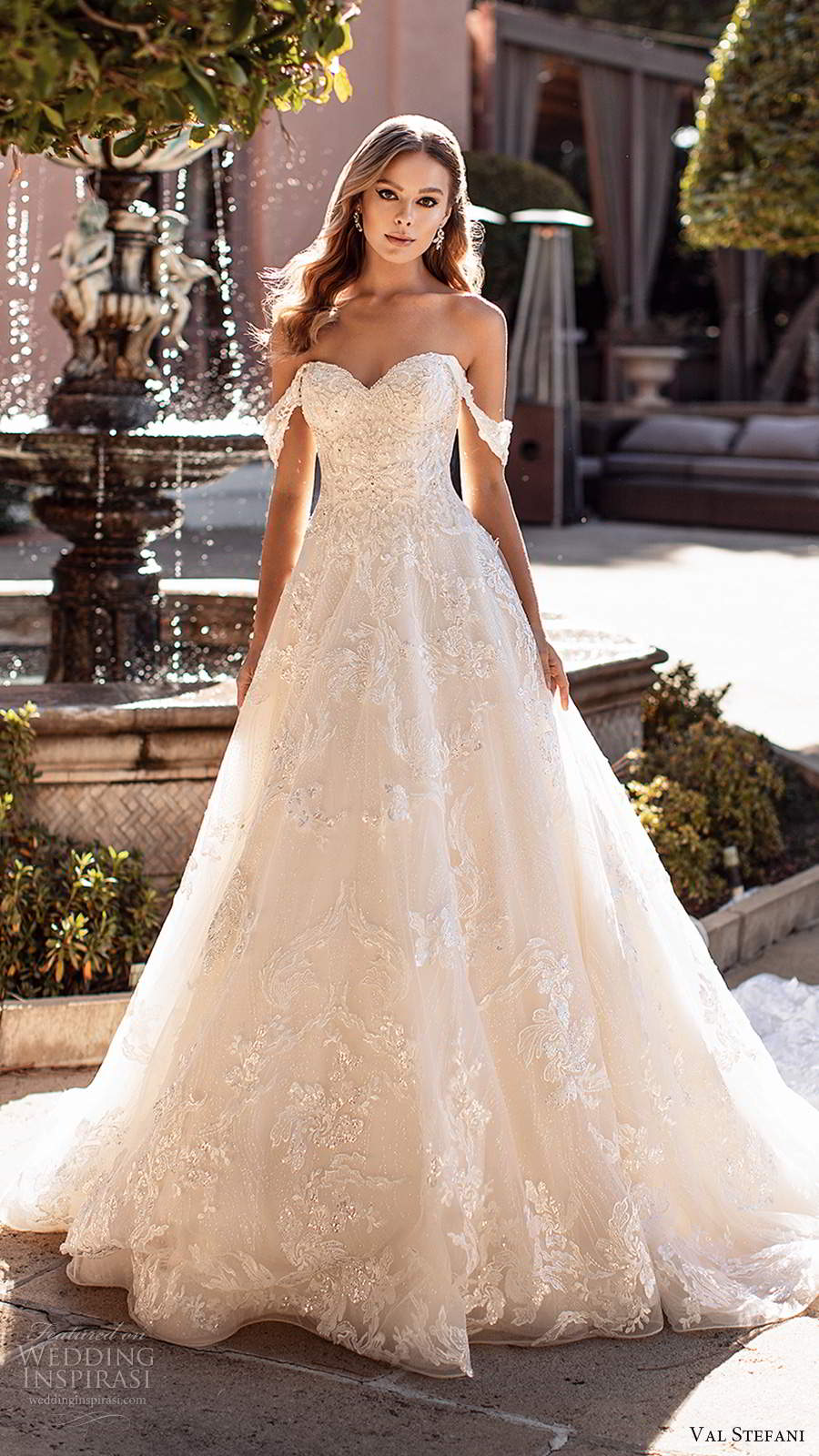 val stefani fall 2020 bridal off shoulder straps sweetheart neckline fully embellished lace a line ball gown wedding dress chapel train (9) mv