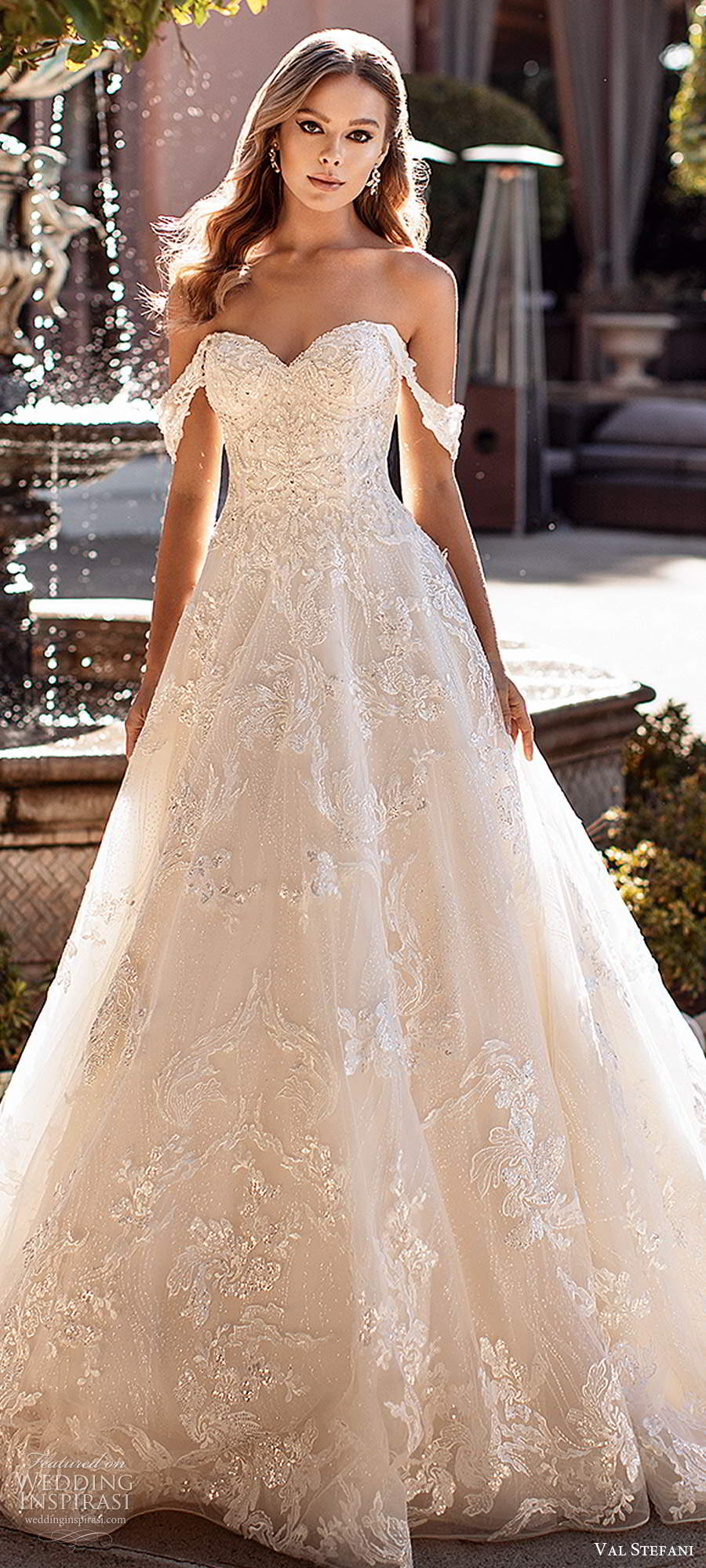 val stefani fall 2020 bridal off shoulder straps sweetheart neckline fully embellished lace a line ball gown wedding dress chapel train (9) zv