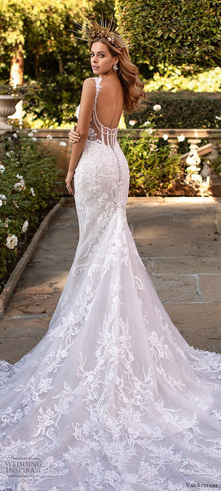 val stefani fall 2020 bridal sleeveless straps plunging v neckline fully embellished fit flare sheath mermaid wedding dress chapel train (8) zbv