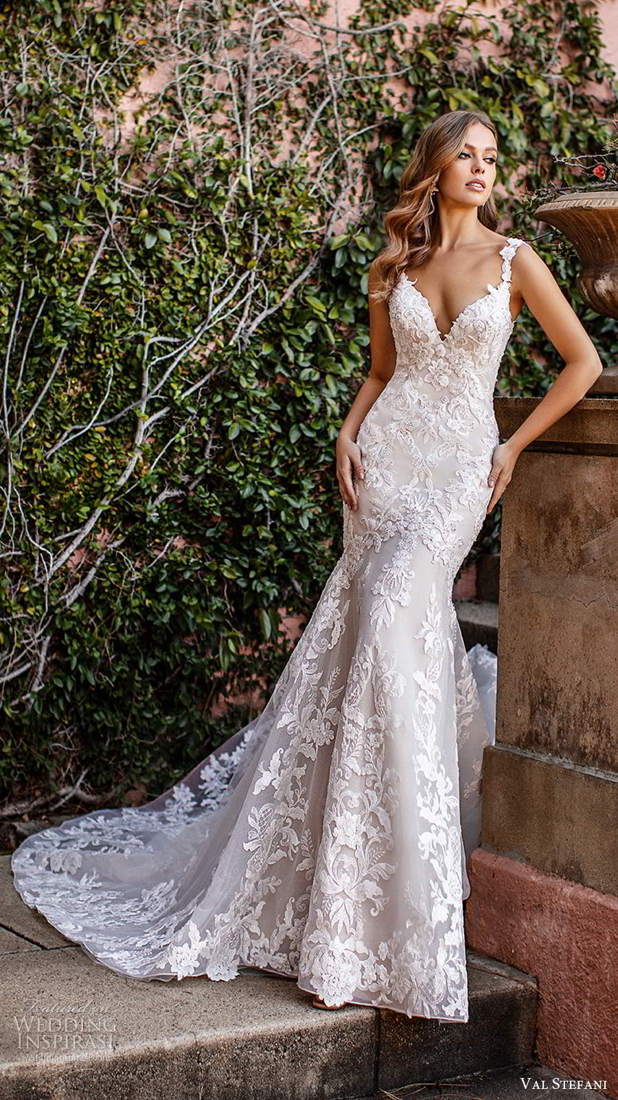 val stefani fall 2020 bridal sleeveless straps sweetheart neckline fully embellished lace fit flare mermaid wedding dress chapel train (3) mv