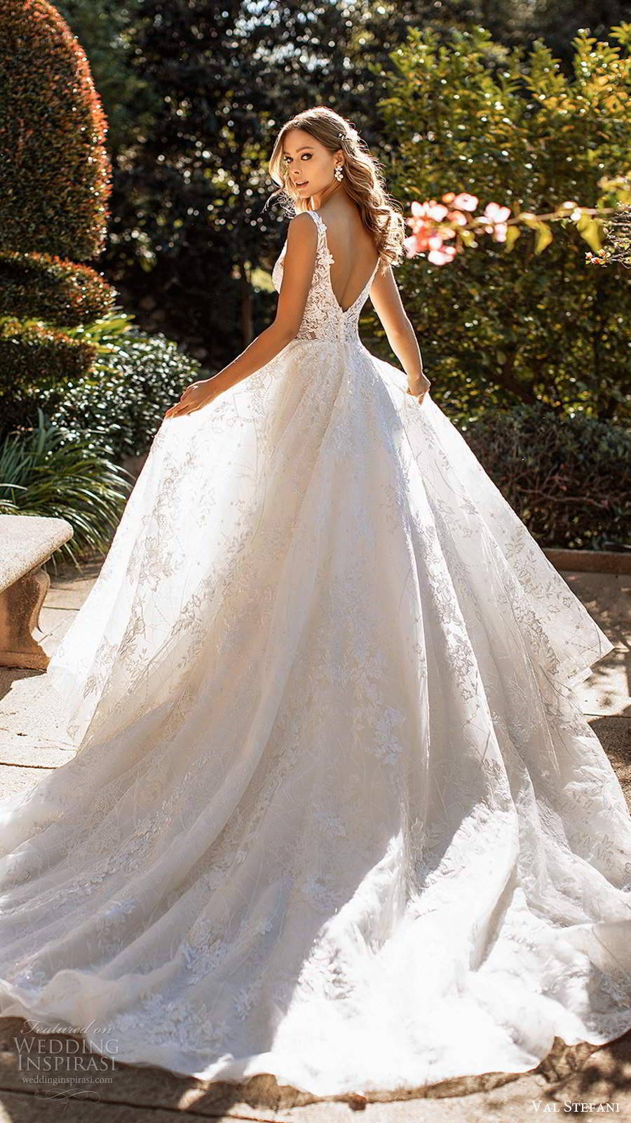 val stefani fall 2020 bridal sleeveless straps sweetheart v neckline fully embellished lace a line ball gown wedding dress chapel train (7) bv