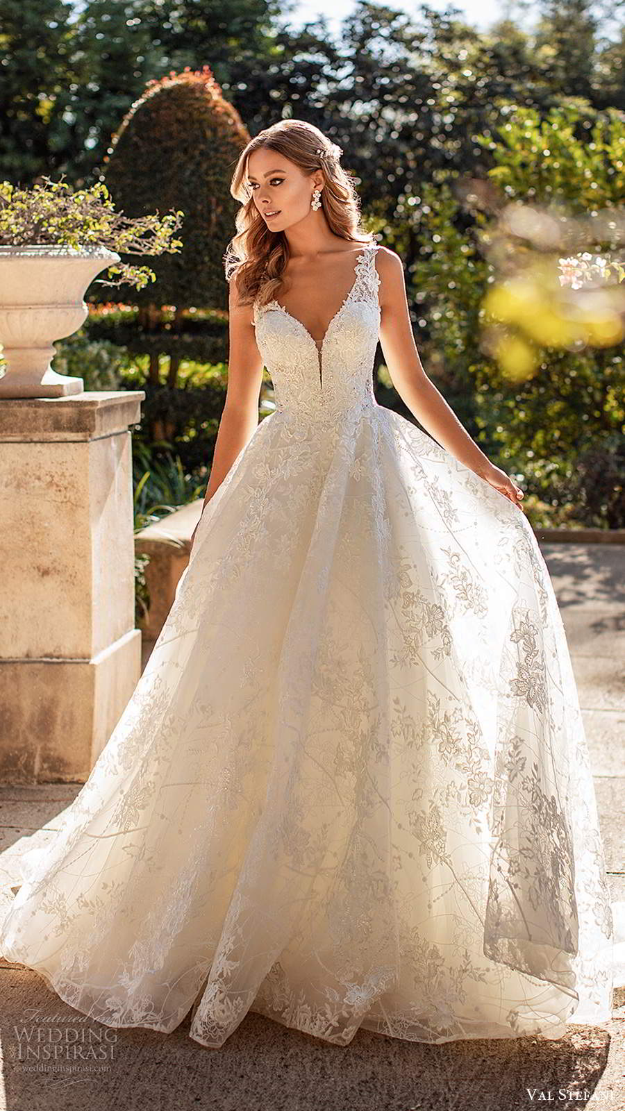 val stefani fall 2020 bridal sleeveless straps sweetheart v neckline fully embellished lace a line ball gown wedding dress chapel train (7) mv