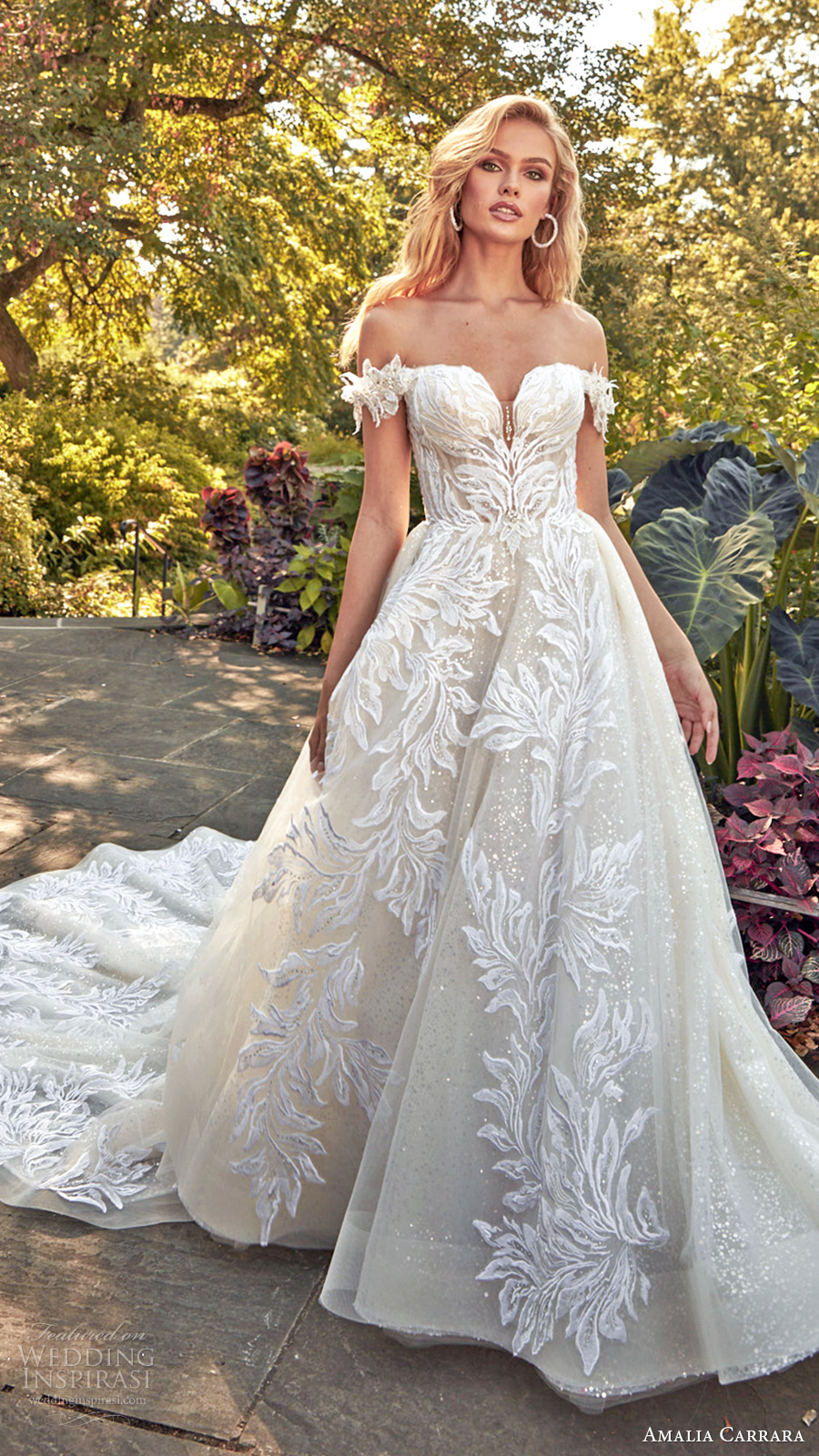amalia carrara spring 2020 bridal off shoulder straps sweetheart neckline fully embellished a line ball gown wedding dress chapel train (3) mv