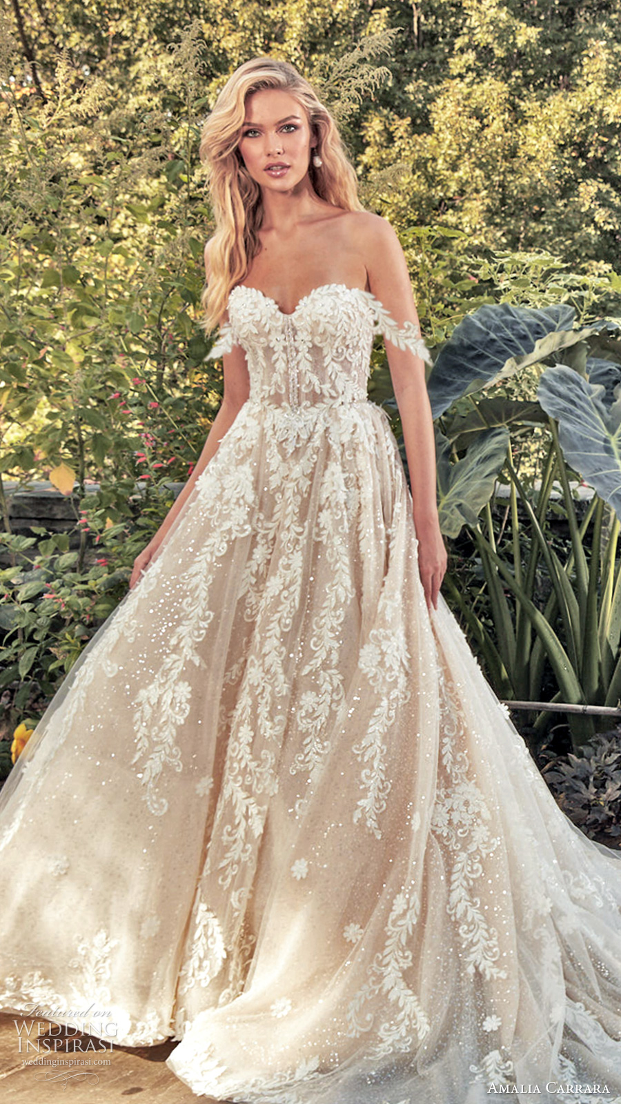 amalia carrara spring 2020 bridal off shoulder straps sweetheart neckline fully embellished a line ball gown wedding dress chapel train blush (2) zv