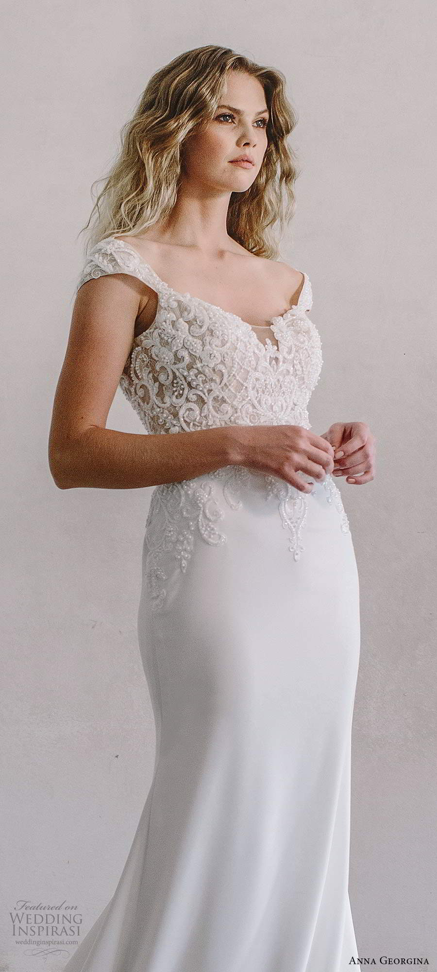 anna georgina 2021 bridal cap sleeves off shoulder neckline heavily embellished bodice clean skirt sheath wedding dress chapel train (6) zv