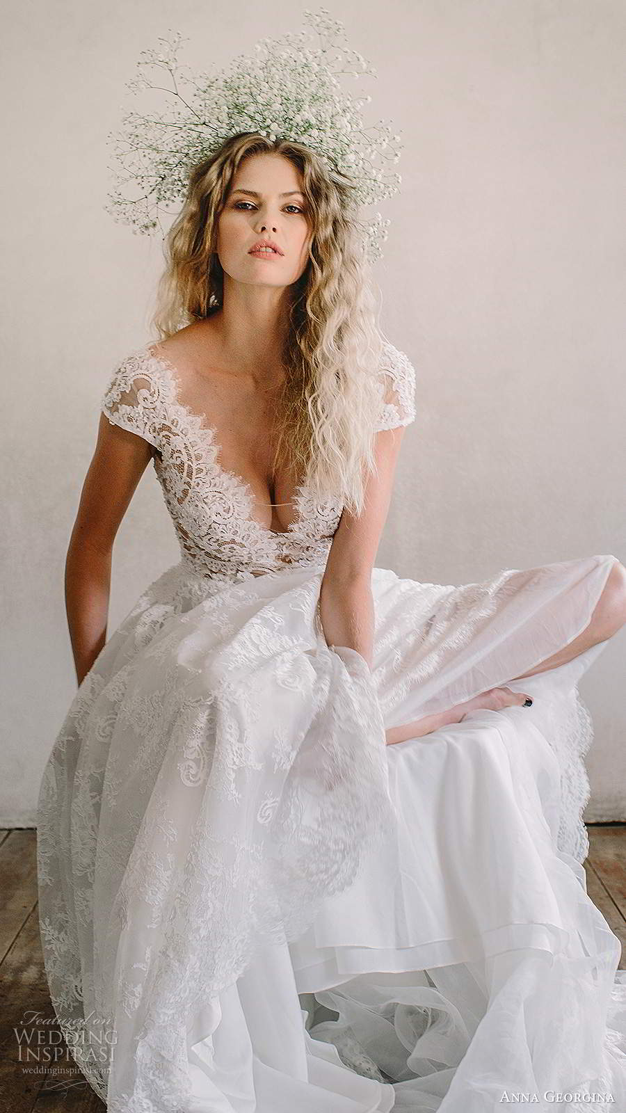 anna georgina 2021 bridal cap sleeves v neckline fully embellished lace a line ball gown wedding dress chapel train (1) zv