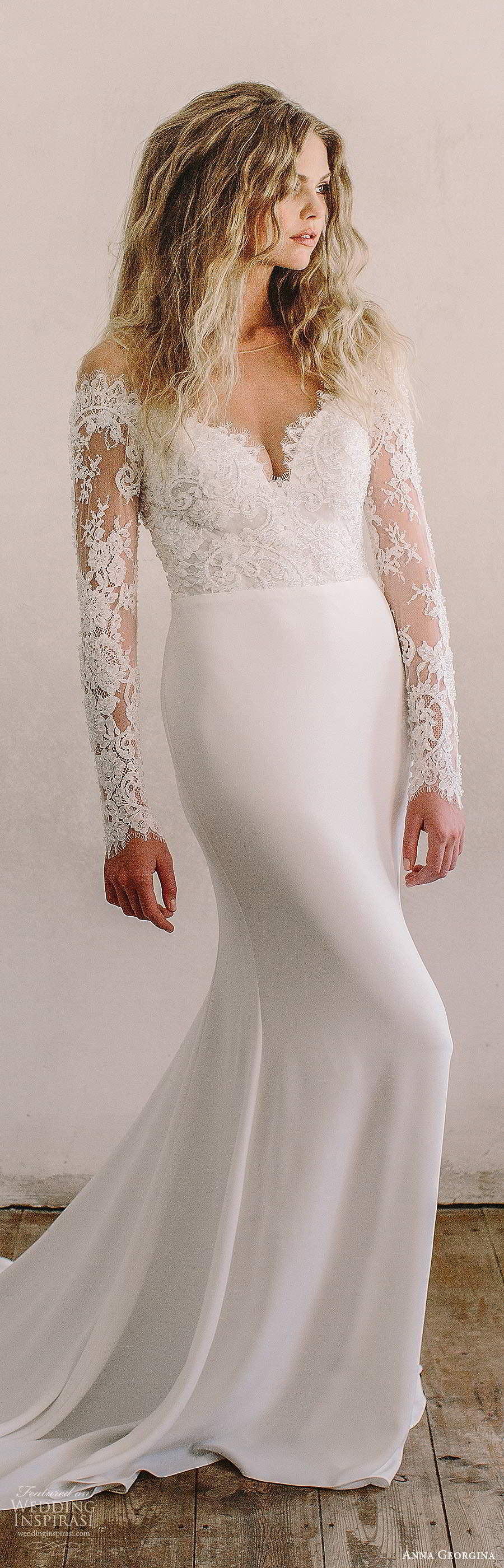 anna georgina 2021 bridal illusion long sleeves off shoulder v neckline lace bodice clean skirt sheath wedding dress chapel train (2) lv
