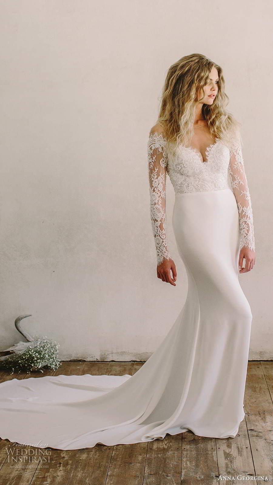anna georgina 2021 bridal illusion long sleeves off shoulder v neckline lace bodice clean skirt sheath wedding dress chapel train (2) mv