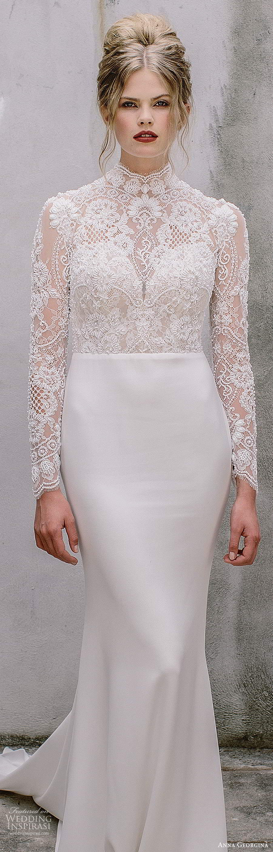 anna georgina 2021 bridal long sleeves illusion high neck sweetheart neckline embellished bodice clean skirt sheath wedding dress chapel train (5) lv