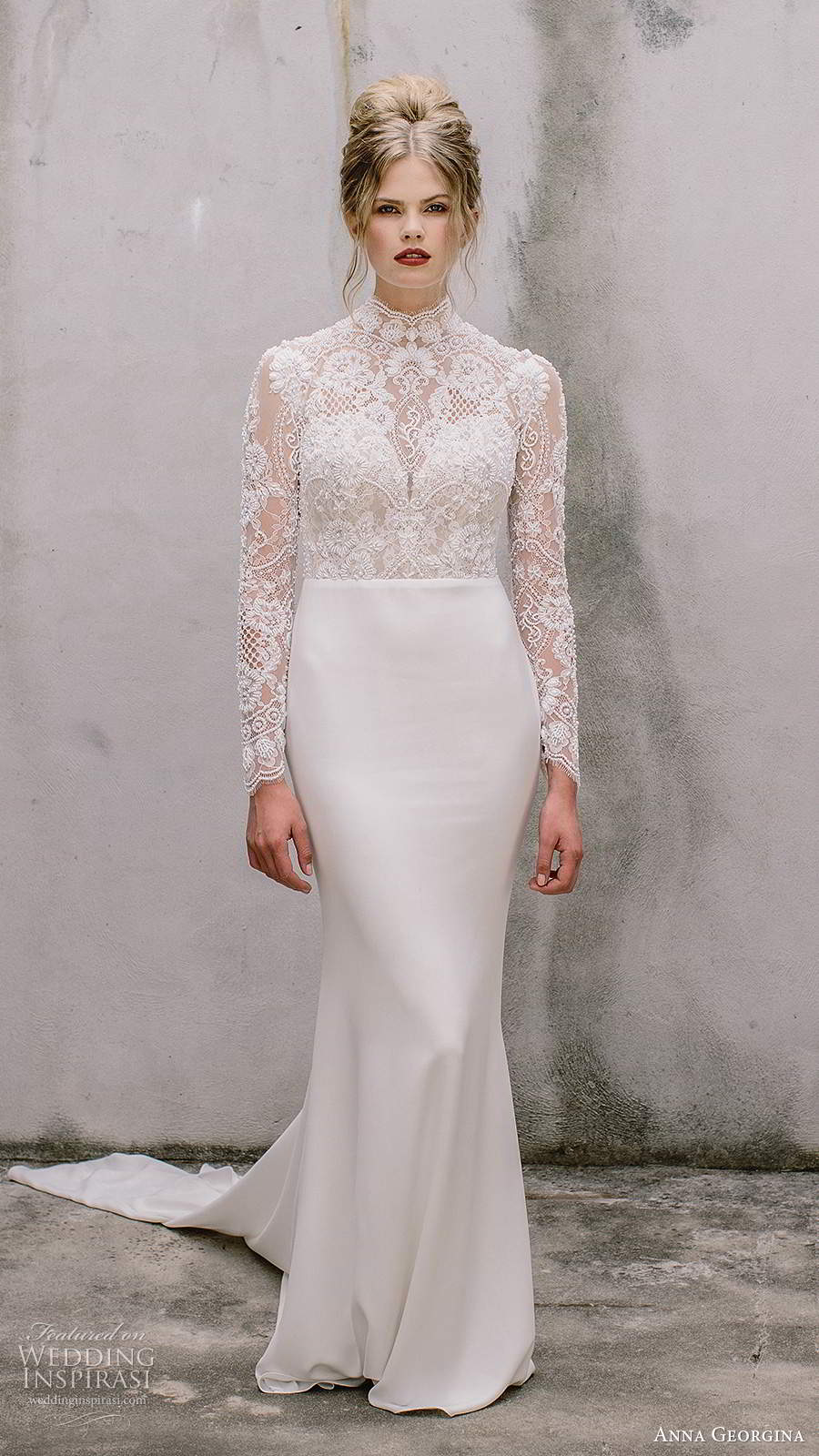 anna georgina 2021 bridal long sleeves illusion high neck sweetheart neckline embellished bodice clean skirt sheath wedding dress chapel train (5) mv