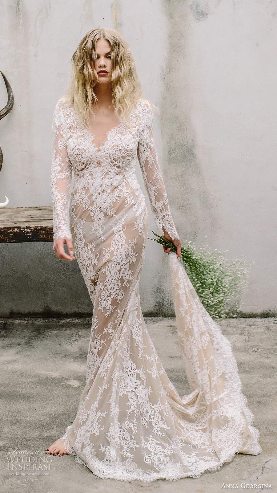 anna georgina 2021 bridal long sleeves off shoulder fully embellished lace sheath wedding dress chapel train (3) fv