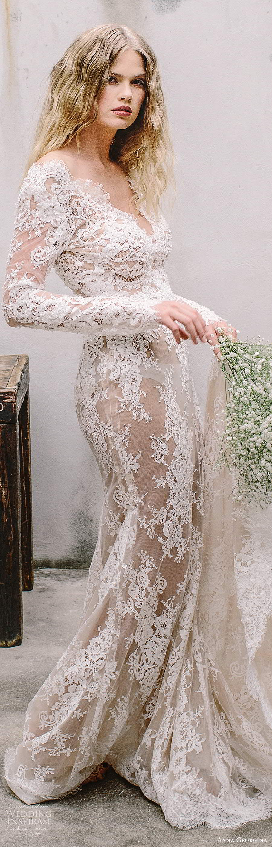anna georgina 2021 bridal long sleeves off shoulder fully embellished lace sheath wedding dress chapel train (3) lv