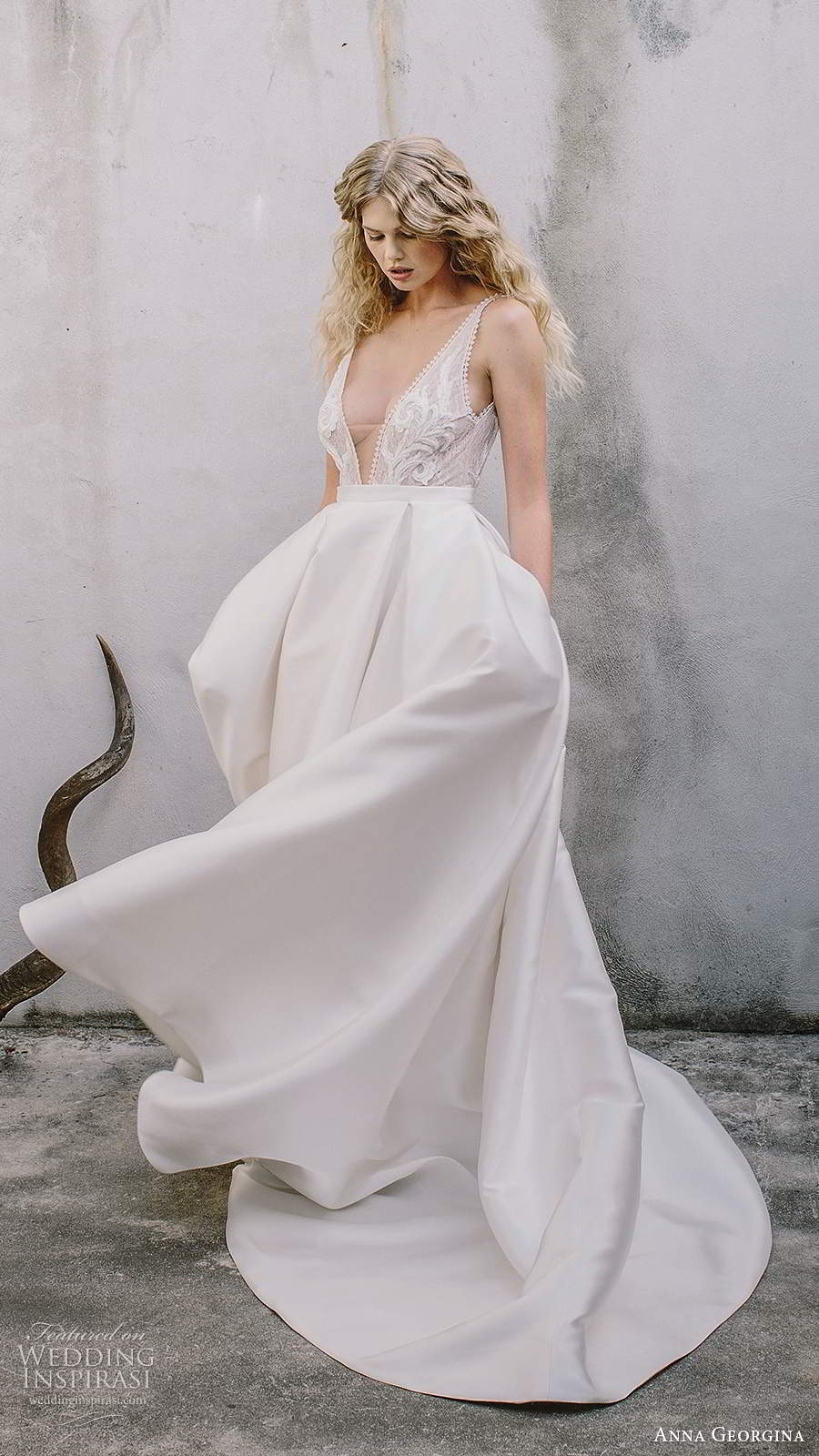 anna georgina 2021 bridal sleeveless straps plunging v neckline embellished lace bodice clean skirt 2 piece a line ball gown wedding dress chapel train (7) fv