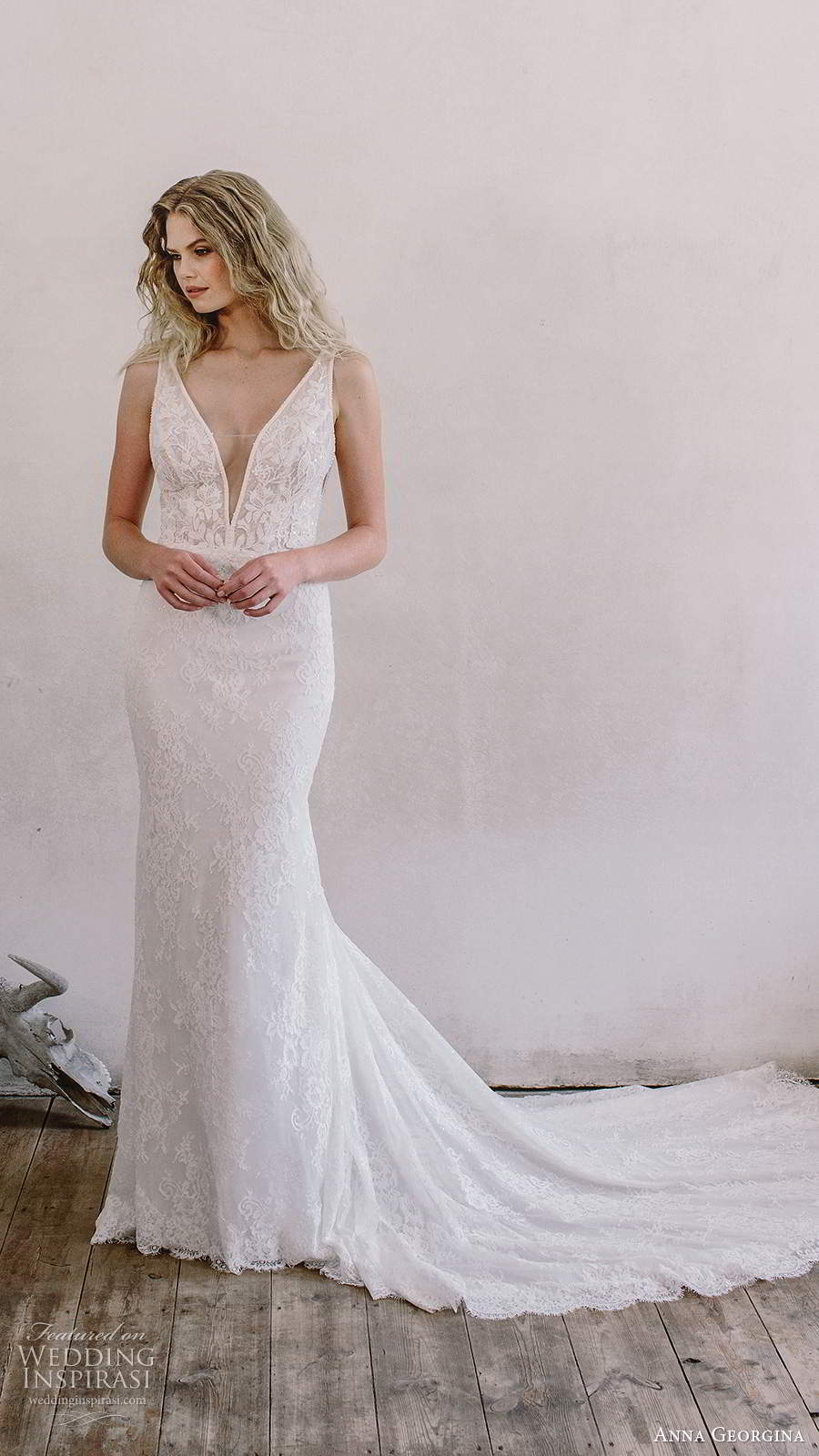 anna georgina 2021 bridal sleeveless straps plunging v neckline fully embellished lace sheath wedding dress chapel train (9) mv