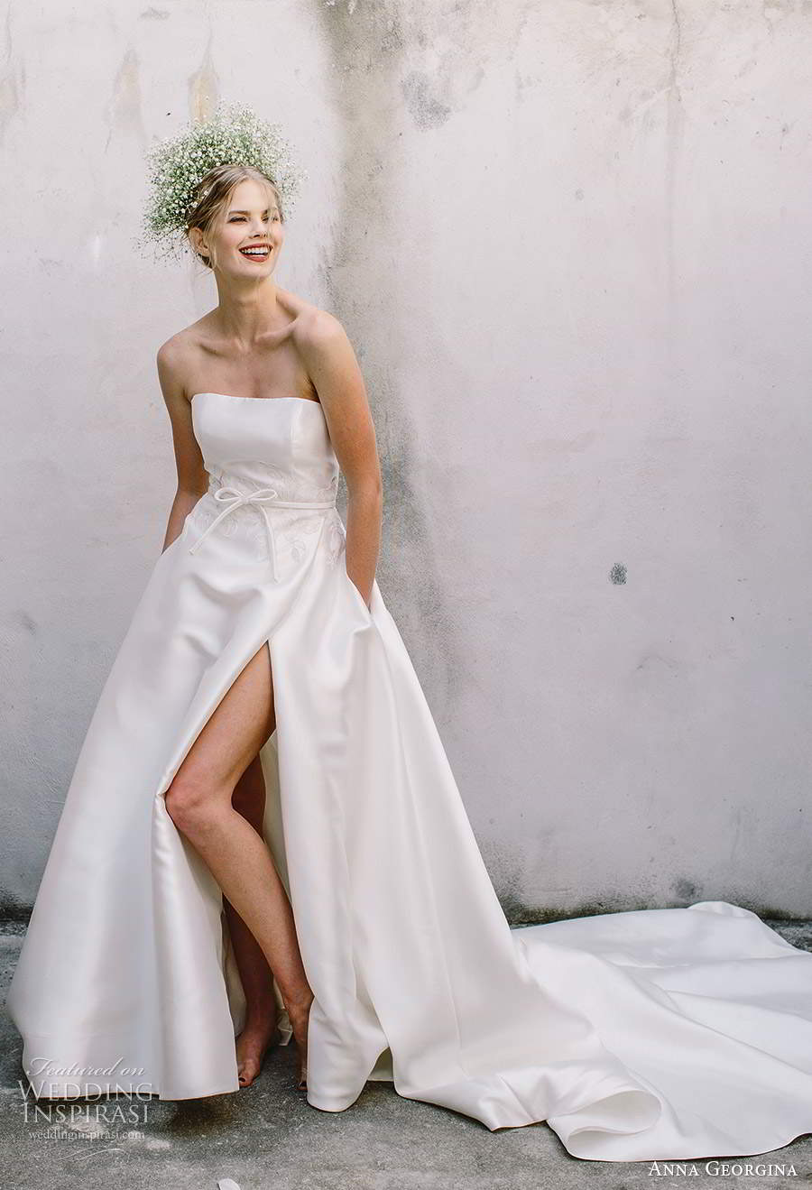 anna georgina 2021 bridal strapless straight across necklnie clean minimalist a line ball gown wedding dress slit skirt chapel train (10) mv
