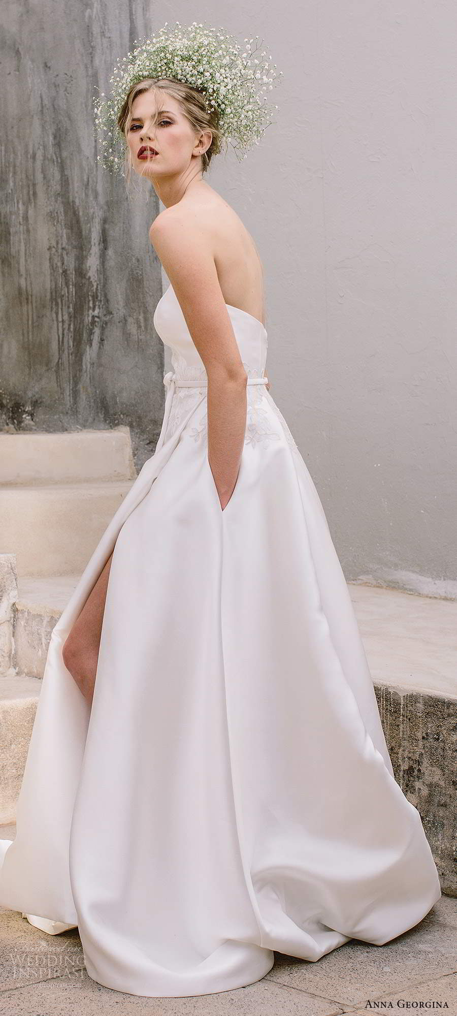 anna georgina 2021 bridal strapless straight across necklnie clean minimalist a line ball gown wedding dress slit skirt chapel train (10) sv