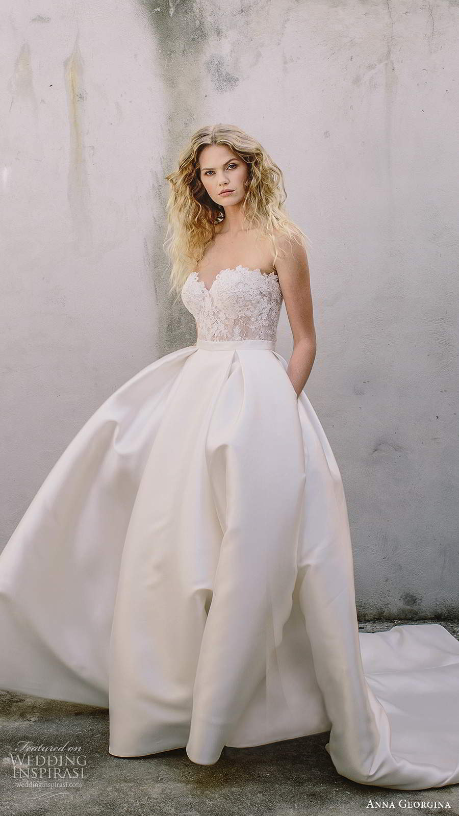anna georgina 2021 bridal strapless sweetheart lace bodice clean skirt 2 piece a line ball gown wedding dress chapel train (4) fv
