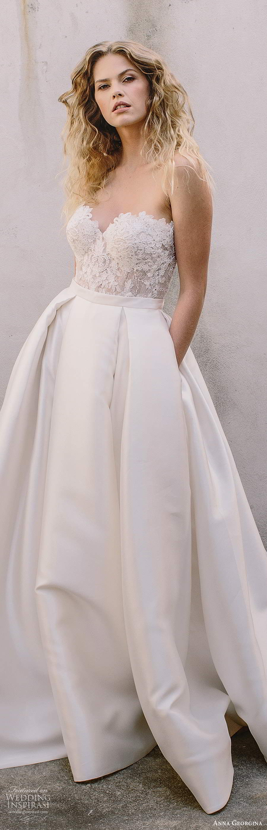 anna georgina 2021 bridal strapless sweetheart lace bodice clean skirt 2 piece a line ball gown wedding dress chapel train (4) lv