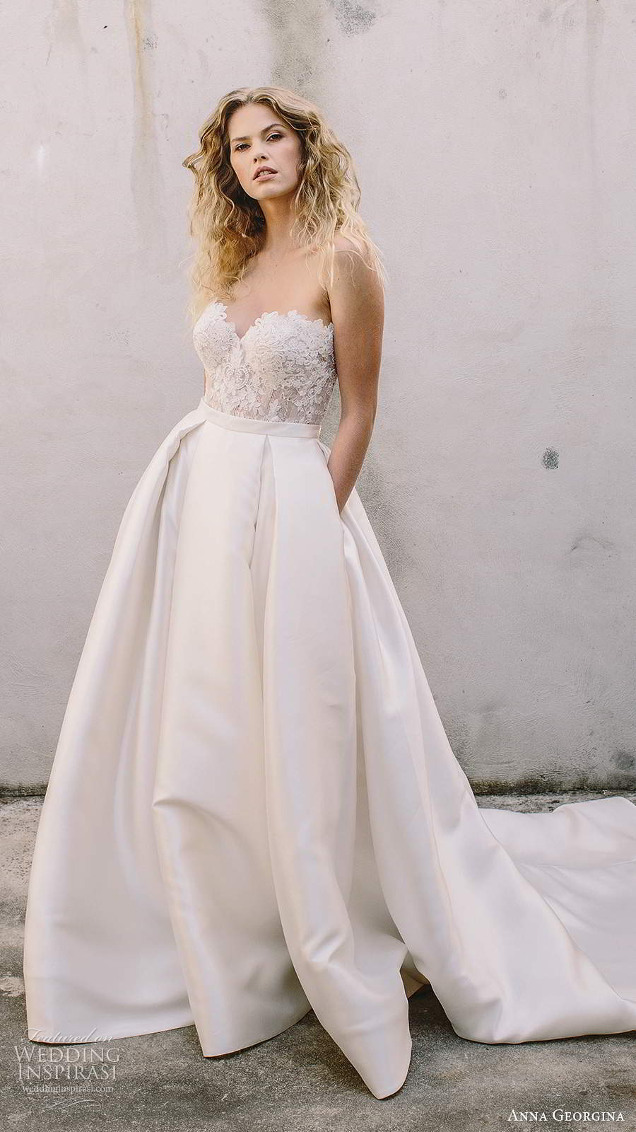 anna georgina 2021 bridal strapless sweetheart lace bodice clean skirt 2 piece a line ball gown wedding dress chapel train (4) mv