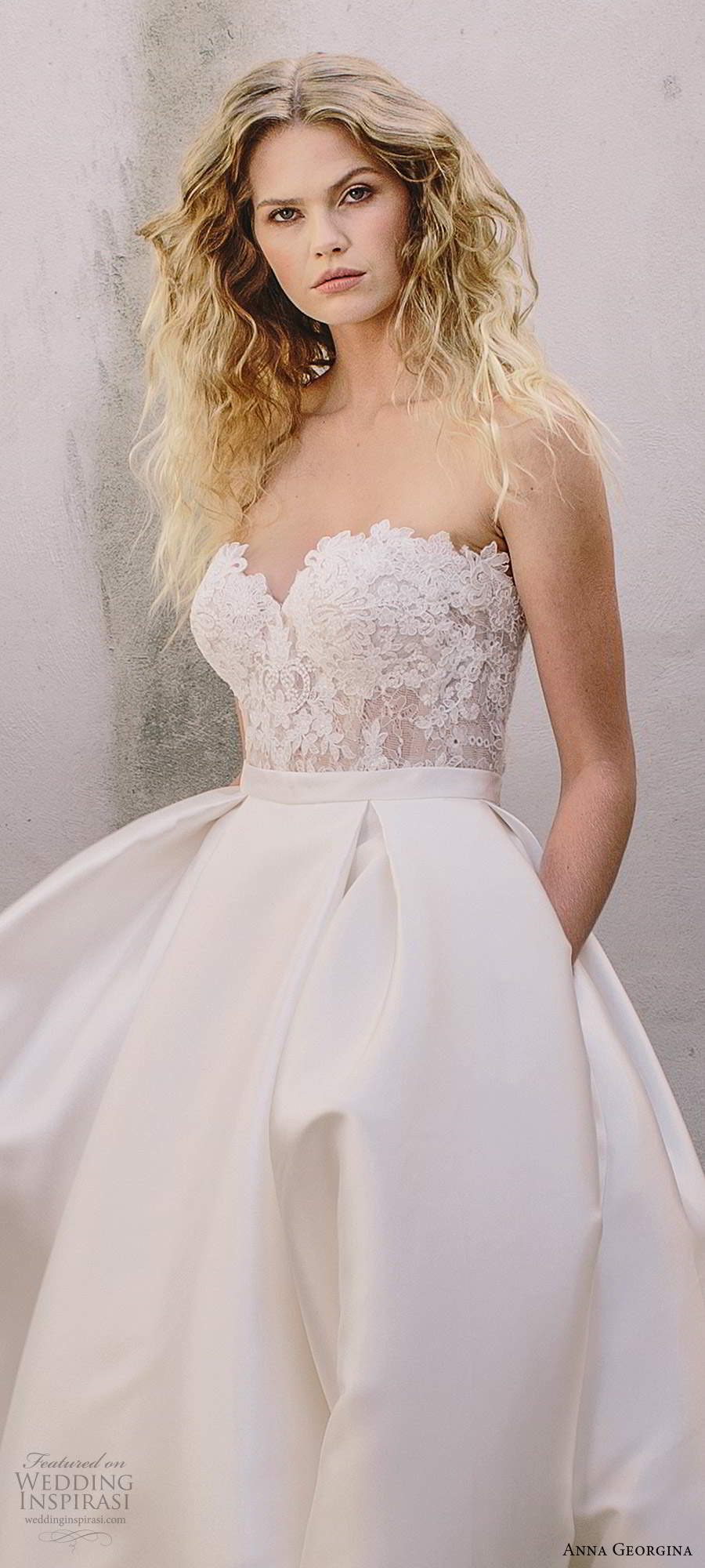 anna georgina 2021 bridal strapless sweetheart lace bodice clean skirt 2 piece a line ball gown wedding dress chapel train (4) zv