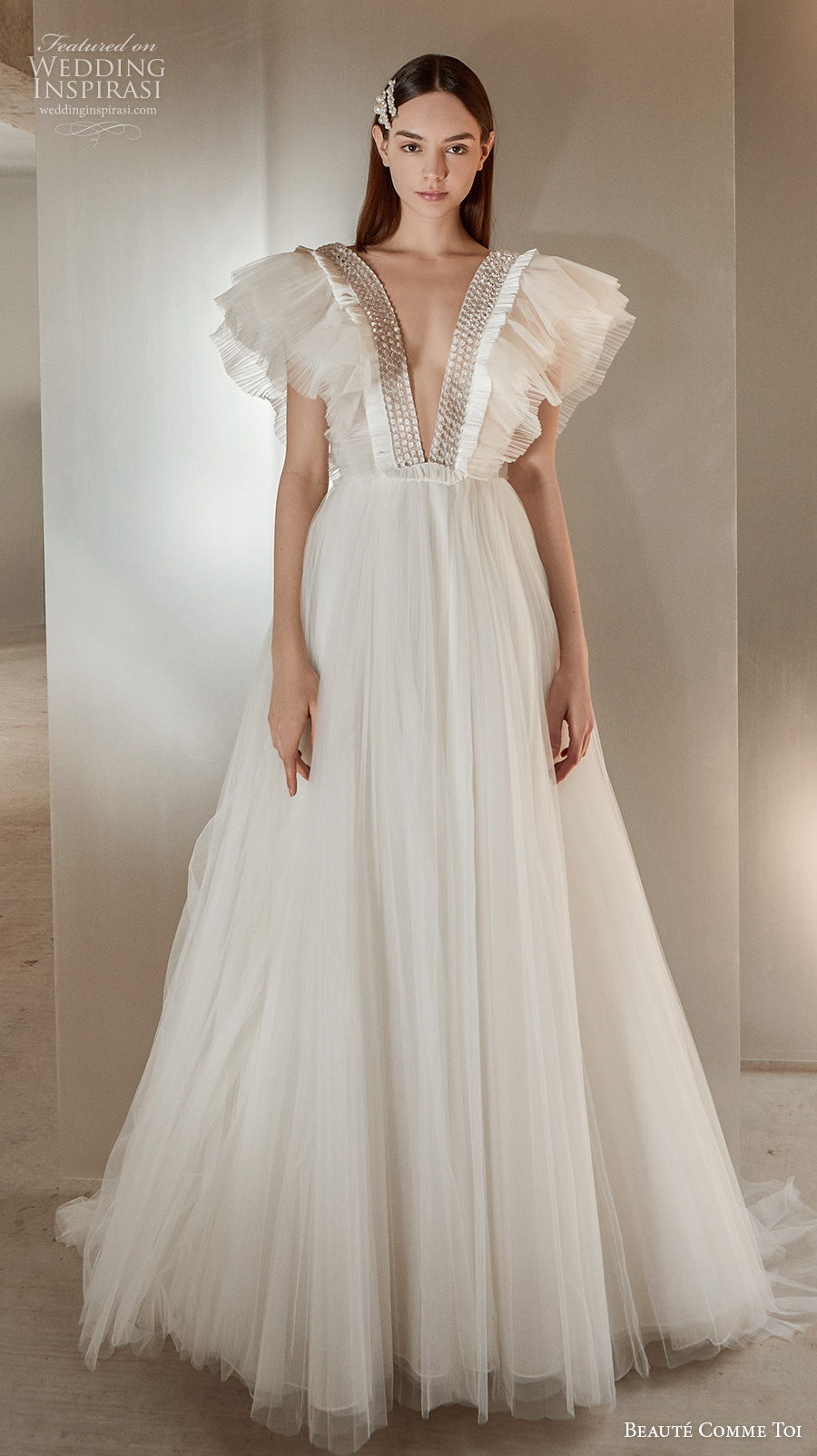 beaute comme toi 2021 bridal butterfly sleeves deep v neck heavily embellished bodice simple ruched bodice a  line wedding dress v back sweep train (talisha) mv