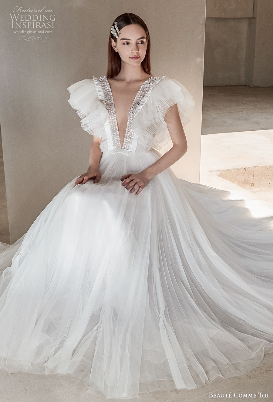 beaute comme toi 2021 bridal butterfly sleeves deep v neck heavily embellished bodice simple ruched bodice a  line wedding dress v back sweep train (talisha) zv mv