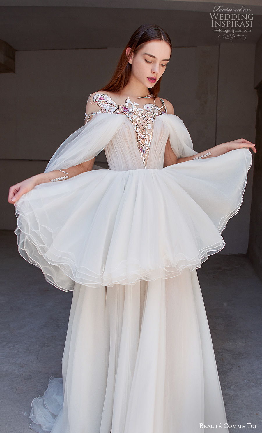 beaute comme toi 2021 bridal cold shoulder bateau neckline heavily embellished bodice slit skirt peplum grecian glamorous a  line wedding dress embellished back chapel train (josalyn) zv