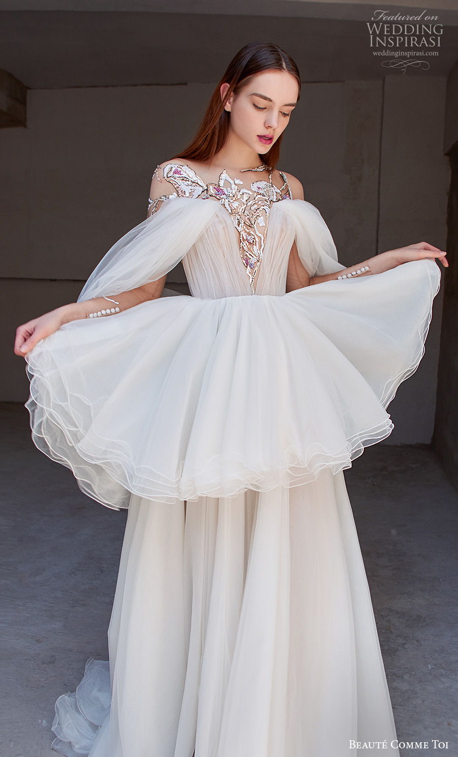 beaute comme toi 2021 bridal cold shoulder bateau neckline heavily embellished bodice slit skirt peplum grecian glamorous a  line wedding dress embellished back chapel train (josalyn) zv