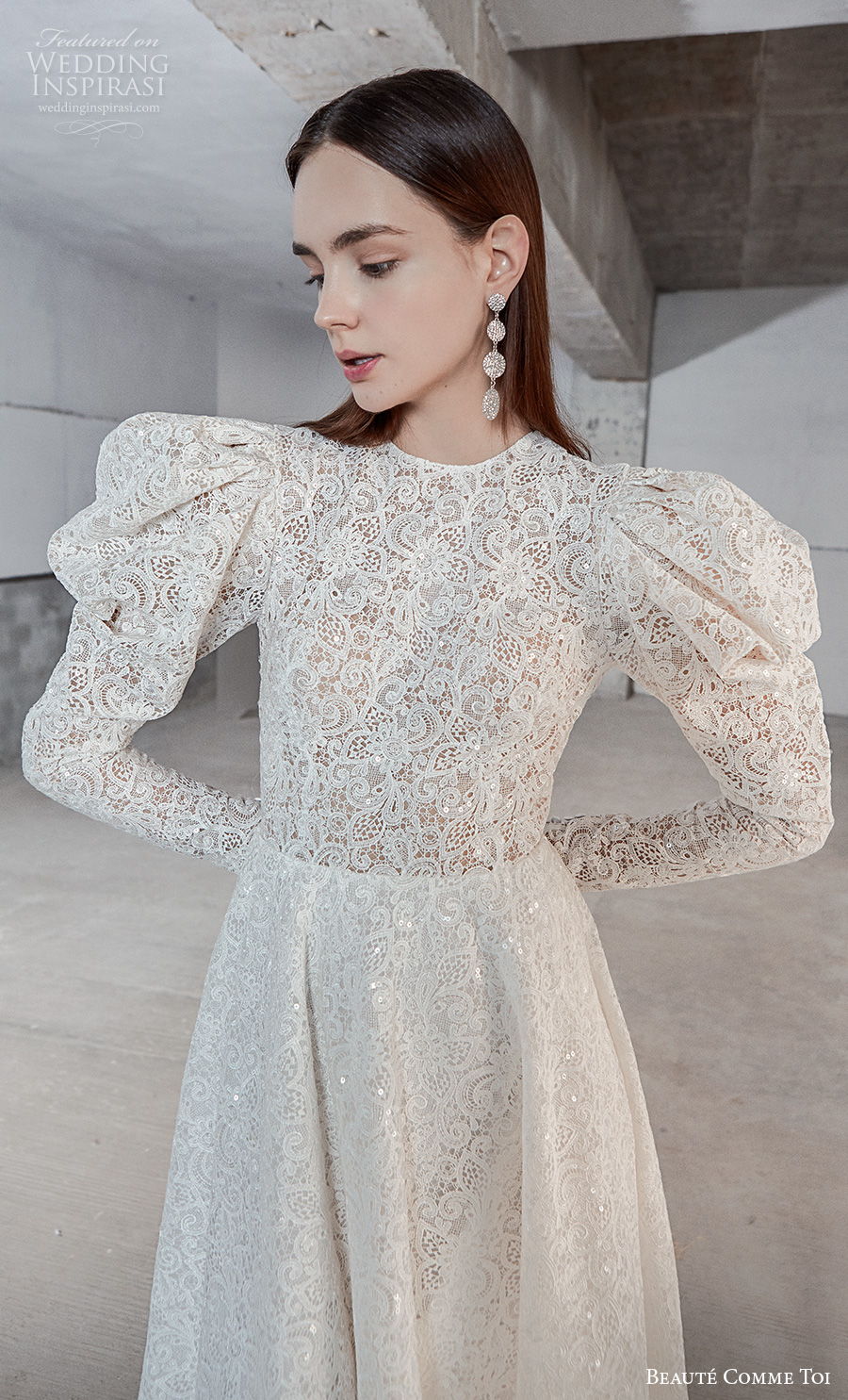 beaute comme toi 2021 bridal long gigot sleeves jewel neck full embellishment vintage a  line wedding dress sheer button back chapel train (natasha) zv