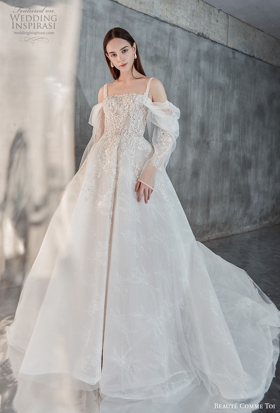 beaute comme toi 2021 bridal long sleeves cold shoulder with strap straight across neckline heavily embellished bodice princess a  line wedding dress mid back chapel train (eloise) mv
