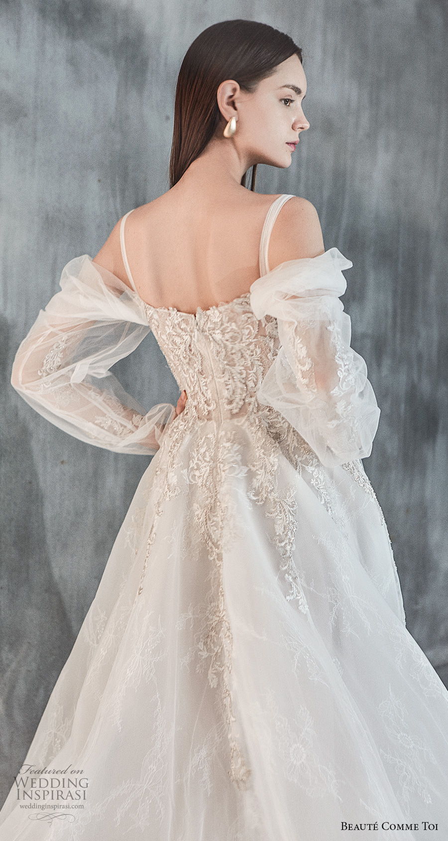 beaute comme toi 2021 bridal long sleeves cold shoulder with strap straight across neckline heavily embellished bodice princess a  line wedding dress mid back chapel train (eloise) zbv