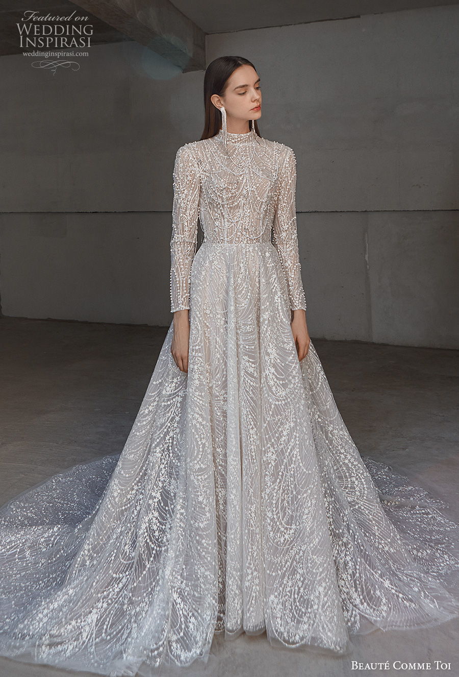 beaute comme toi 2021 bridal long sleeves high neck full embellishment glamorous princess a line wedding dress keyhole back chapel train (liana) mv