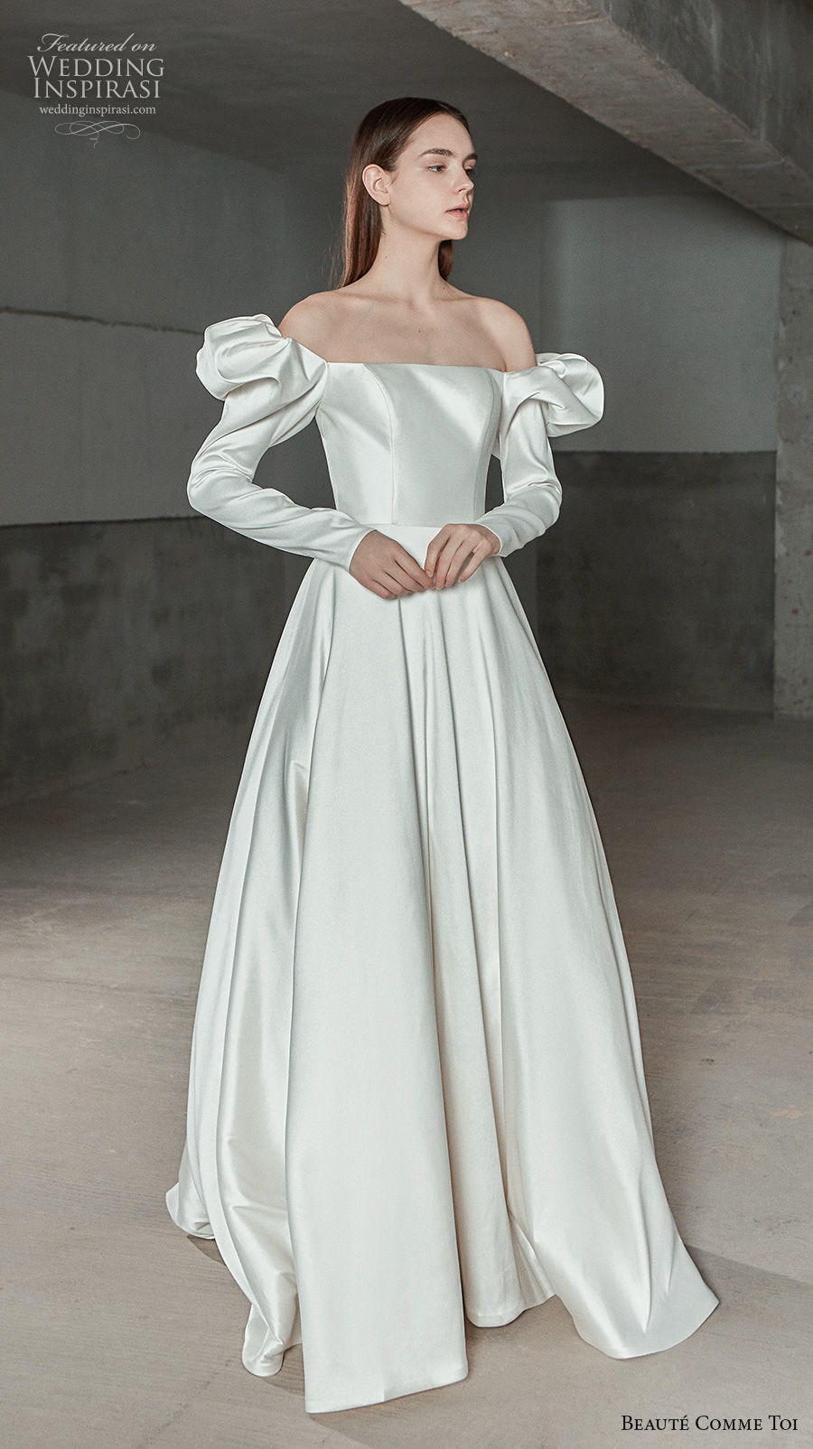 beaute comme toi 2021 bridal off the shoulder long gigot sleeves straight across neckline simple minimalist vintage a  line wedding dress mid back chapel train (analiese) mv