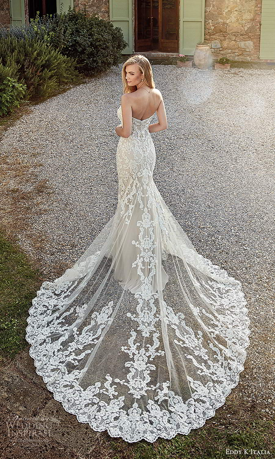 eddy k 2021 italia bridal strapless semi sweetheart neckline fully embellished lace sheath wedding dress chapel train (20) bv
