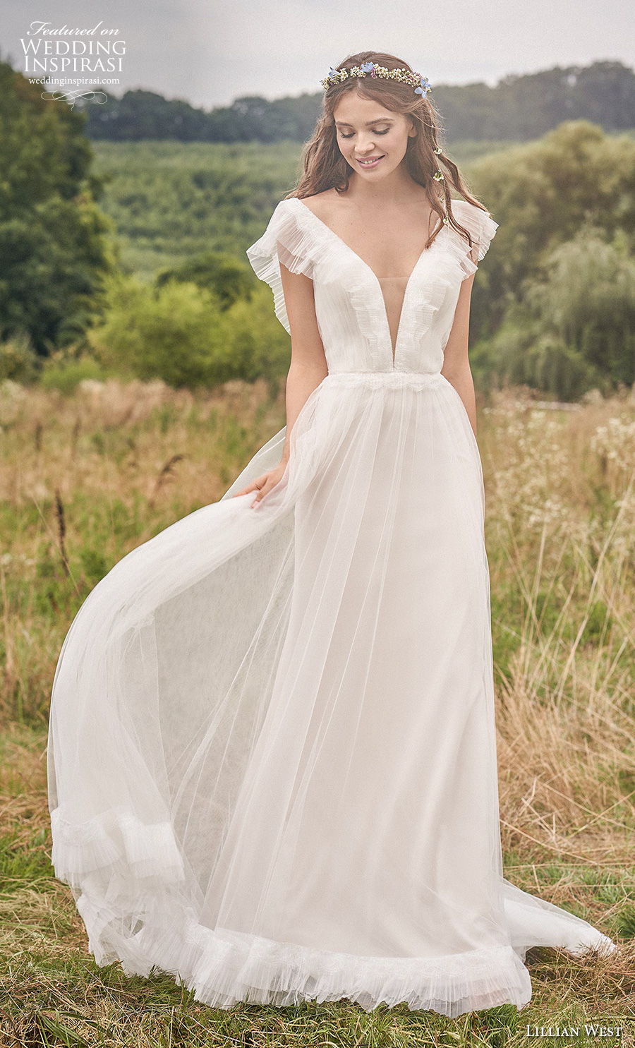 lillian west fall 2020 bridal butterfly sleeves deep plunging v neck simple romantic bohemian soft a  line wedding dress v back medium train (9) mv