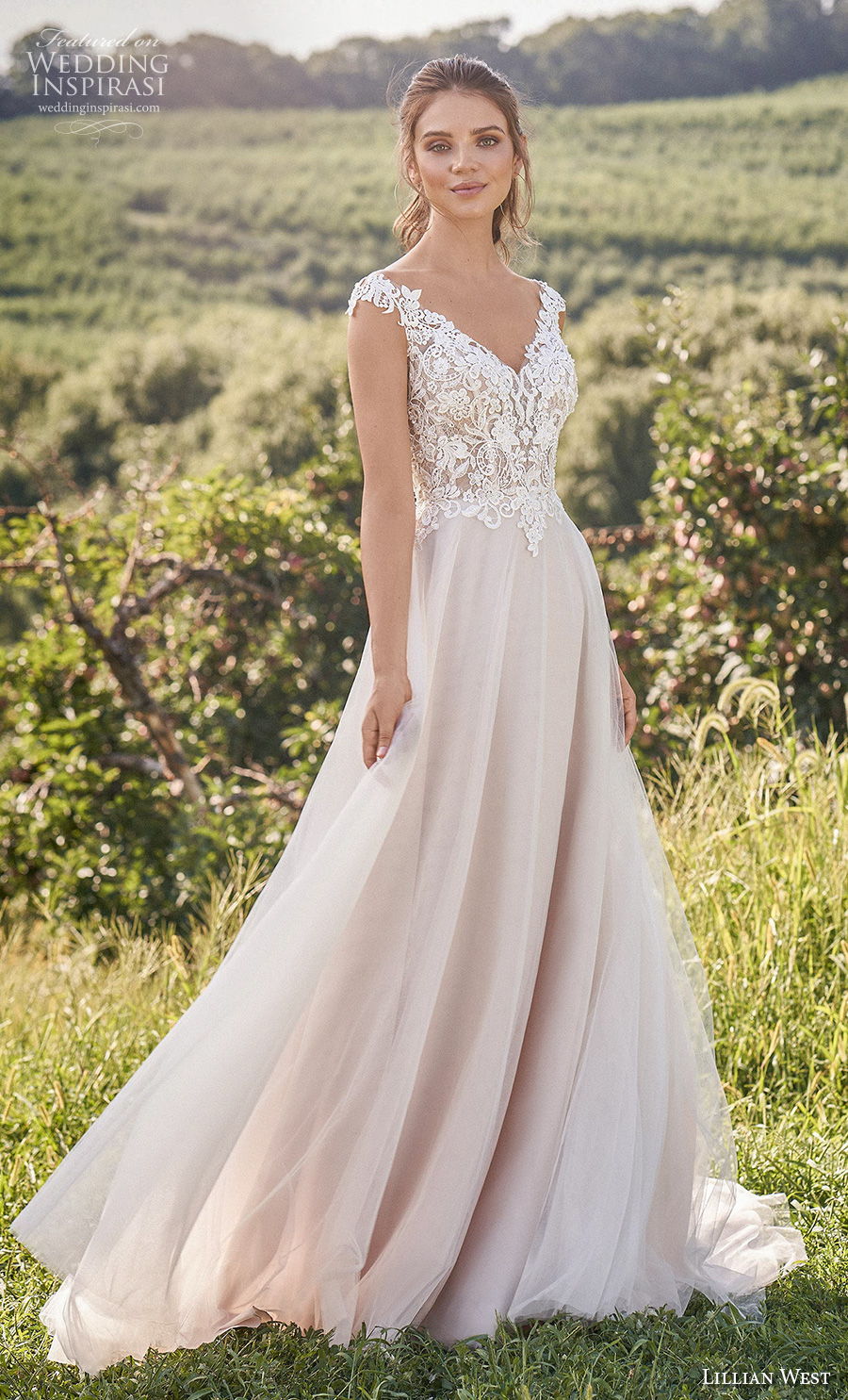 lillian west fall 2020 bridal cap sleeves v neck heavily embellished bodice romantic a  line wedding dress v back medium train (16) mv